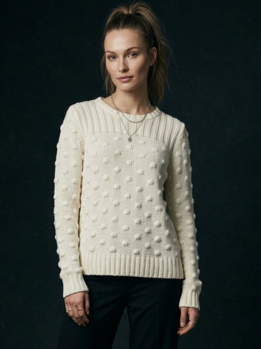 VINCE CAMUTO | Cream Pom Pom Chunky Cable Knit Sweater Sz M